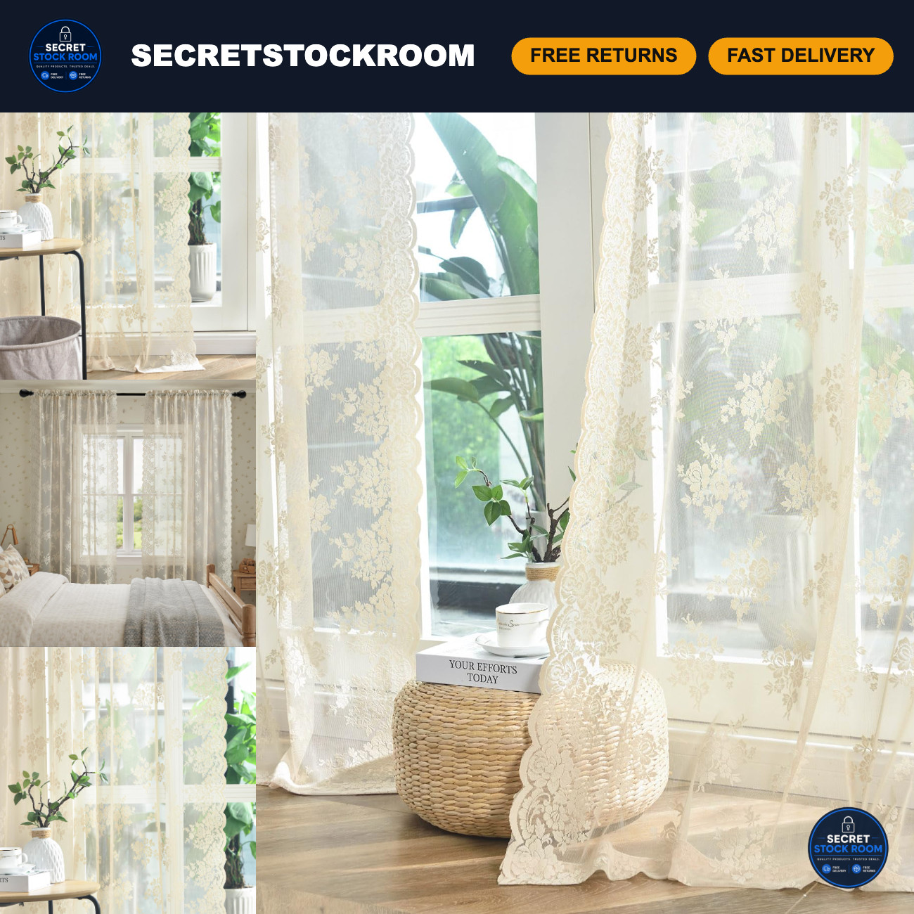 Vintage Beige Lace Curtains for Living Room, 52x96 Inch, 2 Panels, Elegant Decor