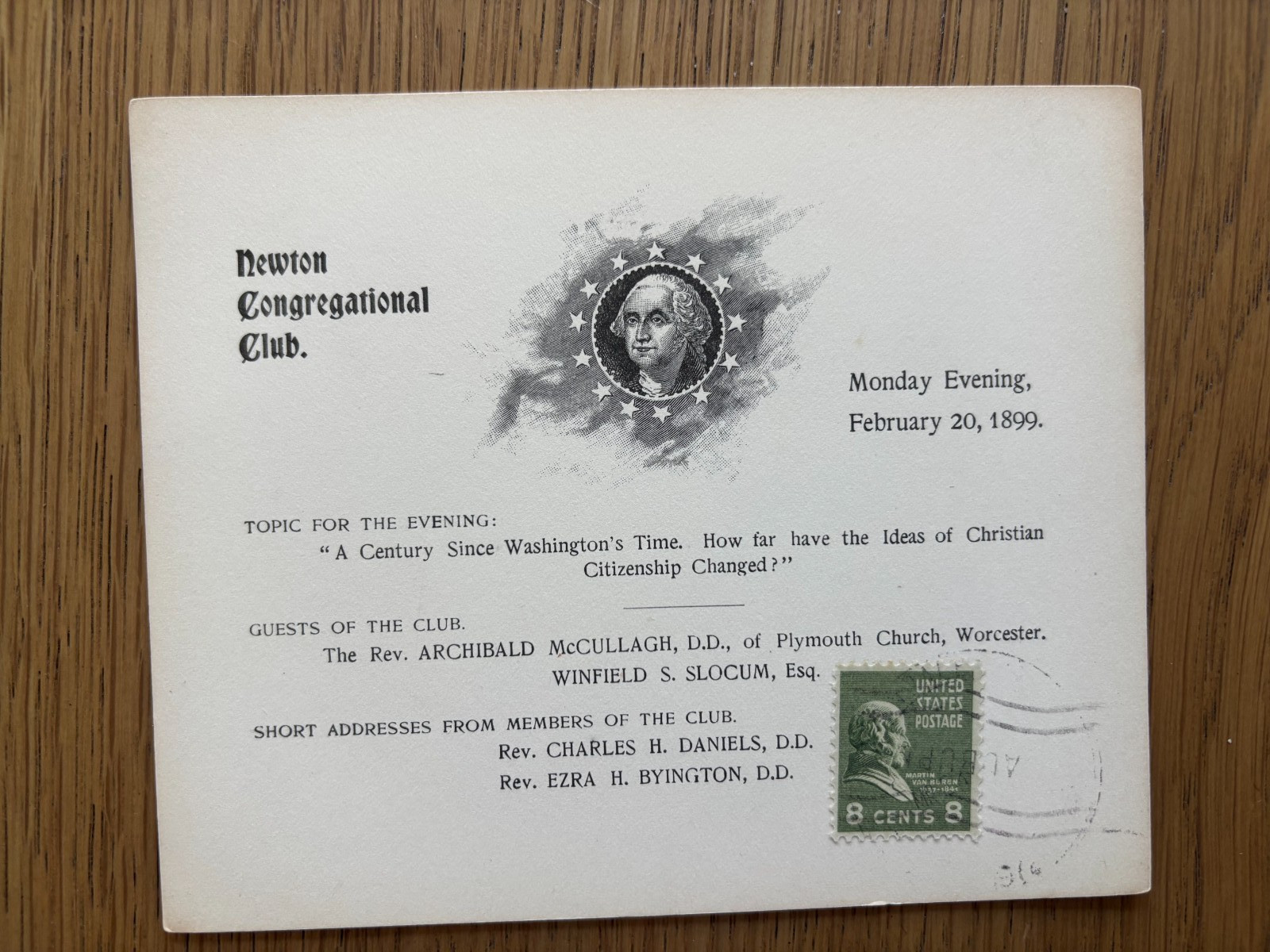 RARE 1899 INVITATION NEWTON CONGREGATIONAL CLUB MASSACHUSETTS /GEORGE WASHINGTON