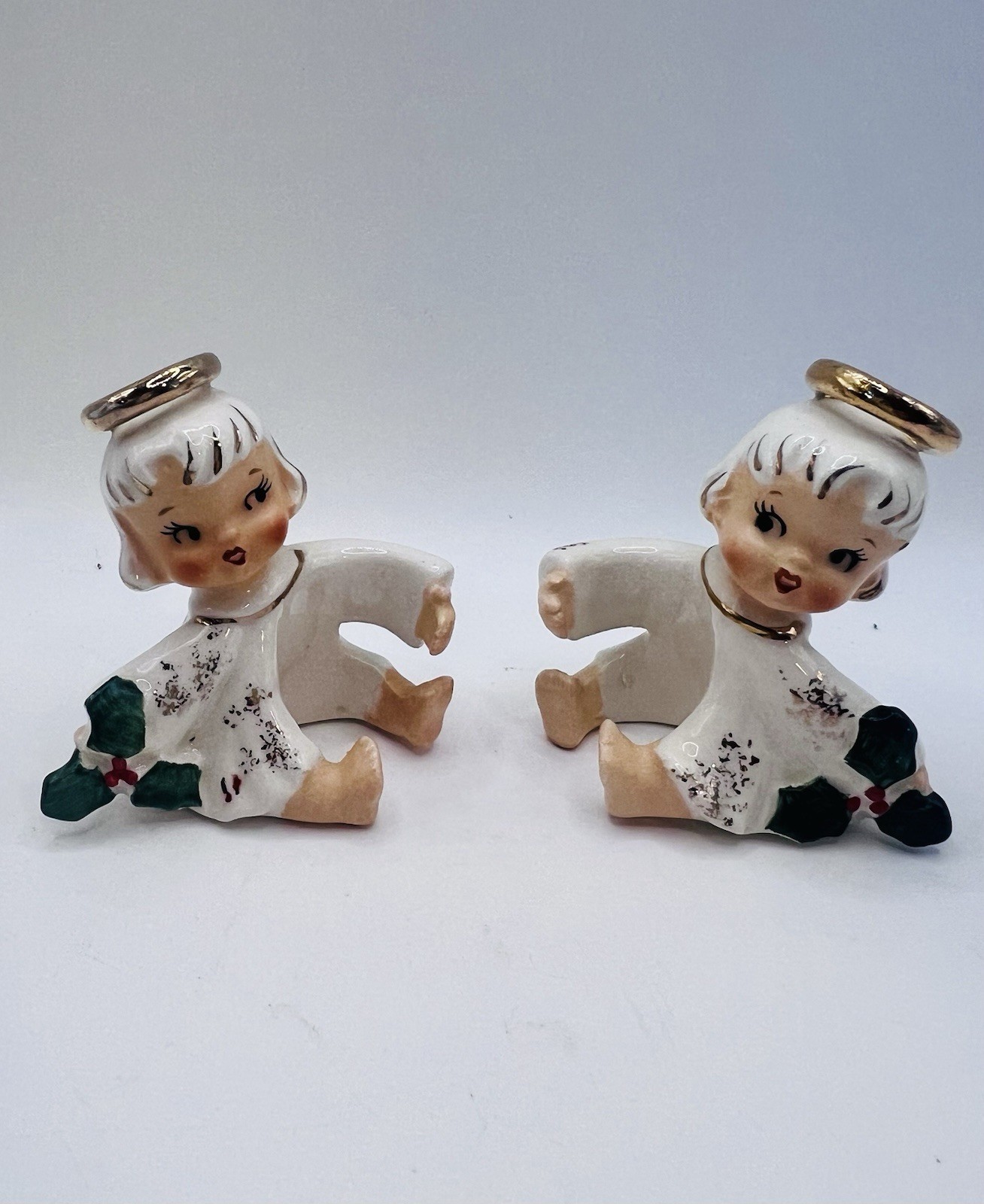 Vintage Lefton Angel Candle Huggers Set of 2 Christmas Cherub Holly Japan Holder