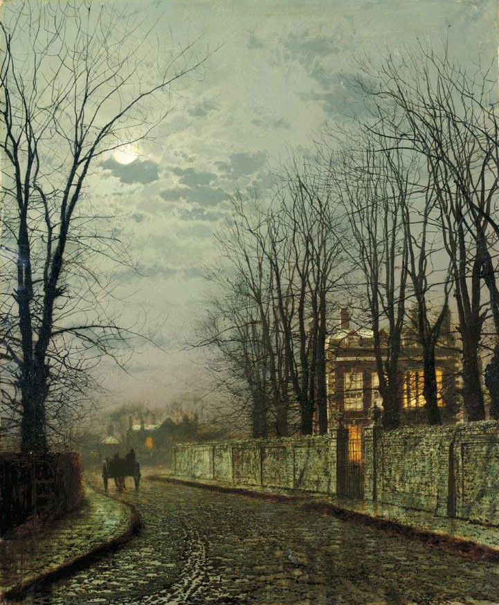 Oil painting John Atkinson Moonlight landscape & village carriage Hand painted