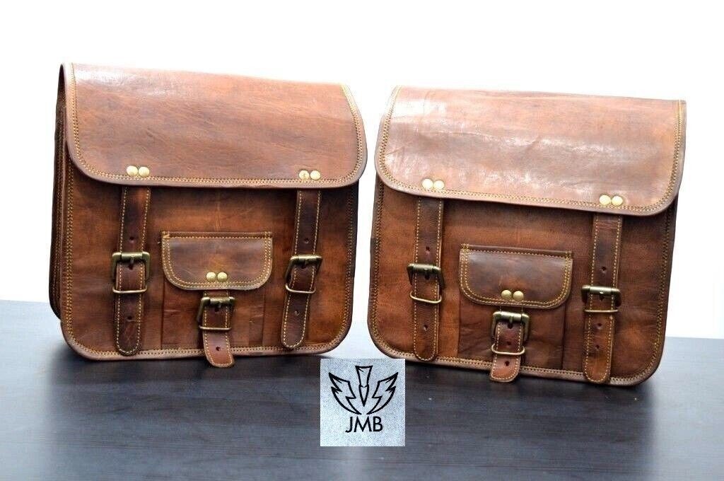 2 Motorcycle Brown Handmade Leather Side Pouch Saddlebags Saddle Panniers 2 bags