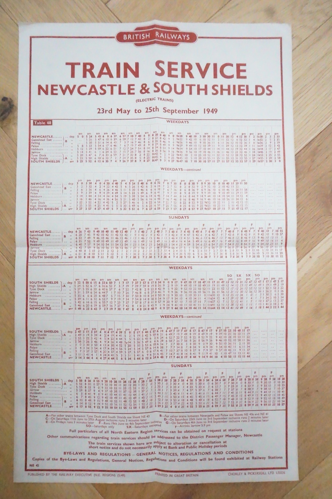 1949 British Rail Railway Timetable Poster Newcastle & South Shields