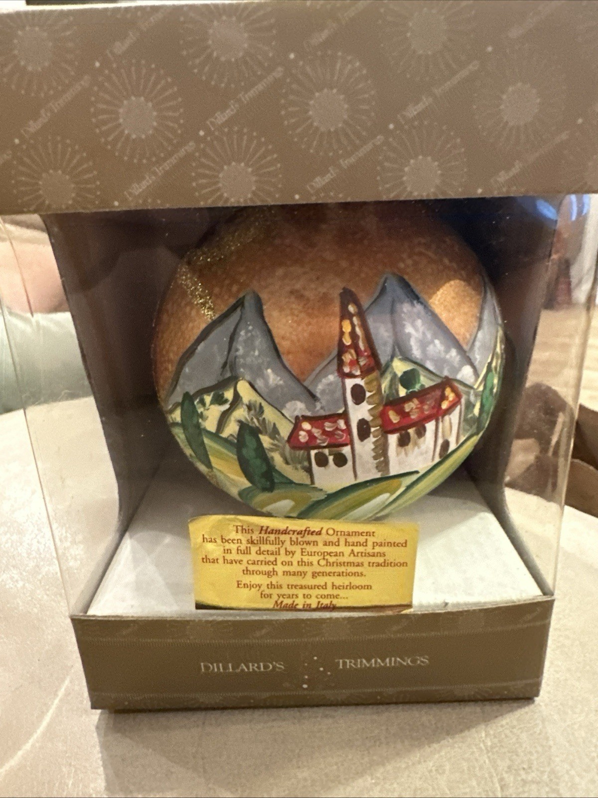 Dillards Trimmings Christmas Gold w/ Hand Painted Mountain & Church Scene
