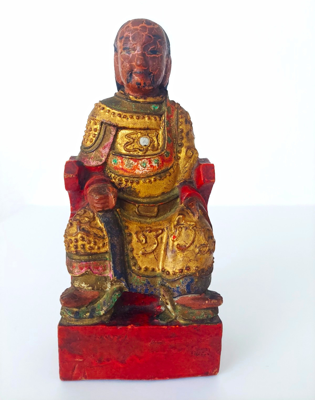 Vintage Chinese Seated Deity Statue Hand Painted Wood Throne Temple Folk Art Vintage Chinese Seated Deity Statue Hand Painted Wood Throne Temple Folk Art