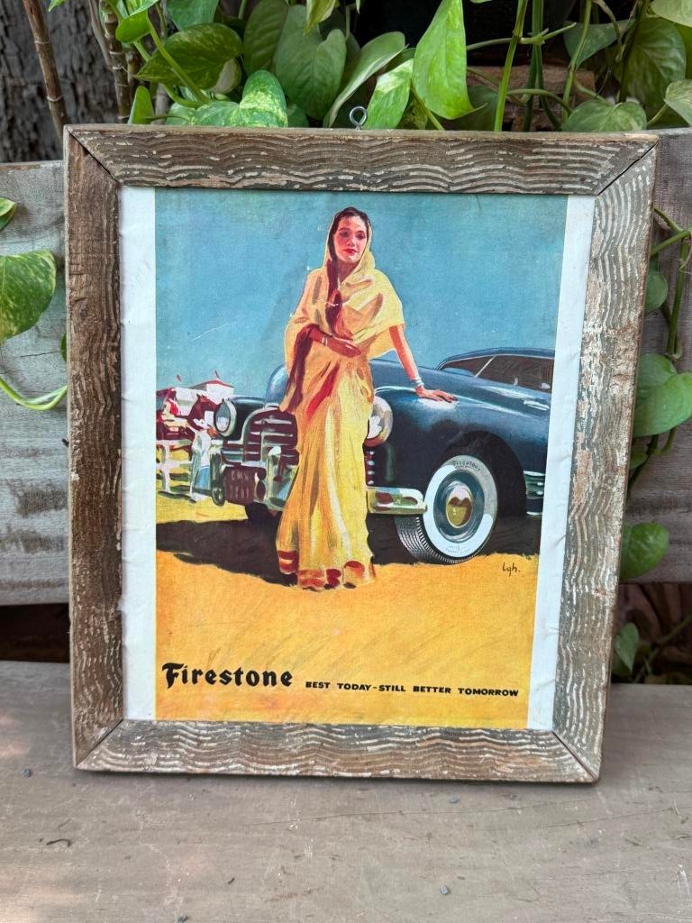Vintage Firestone Advertising Print Indian Woman Classic Car Framed Art