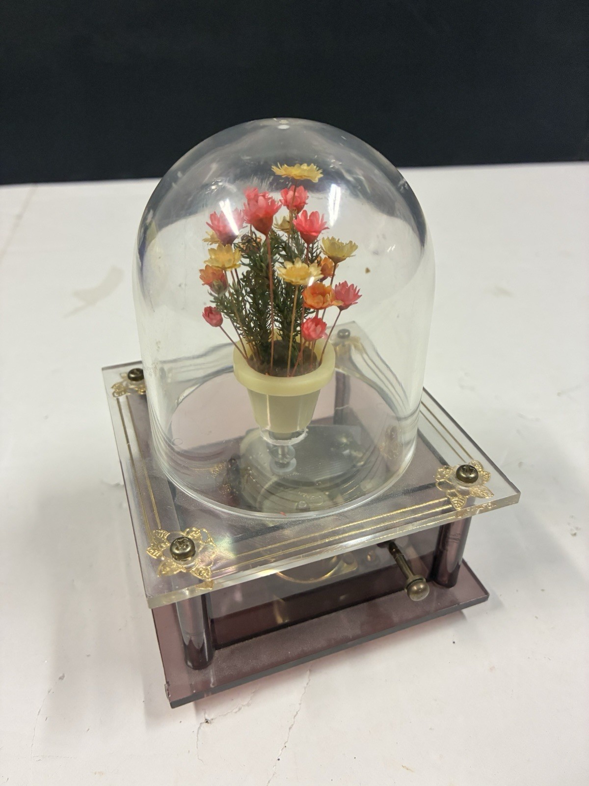 Vintage 70s Waco Lucite Music Box W/ Flowers in pot globe Turning Flower Pot