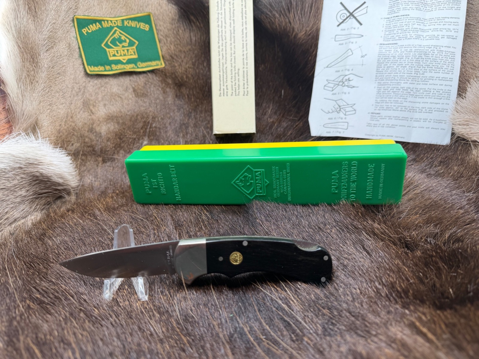 1982 Puma Vintage 725 Lockback Knife Pakkawood Handles Mint In Puma G/Y Box \