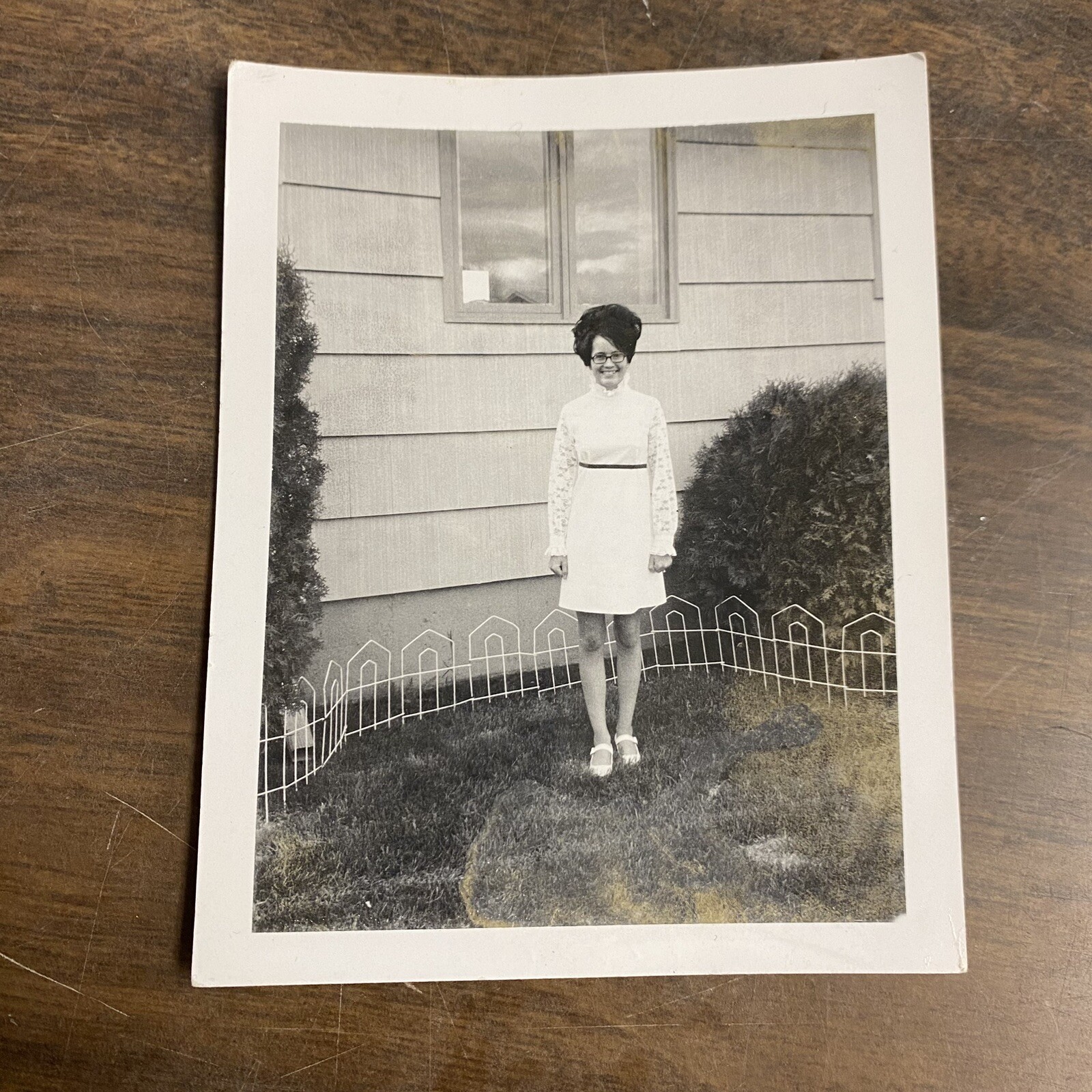 Vintage Snapshot Photo Young Woman In Yard White Dress Glasses Big Hair