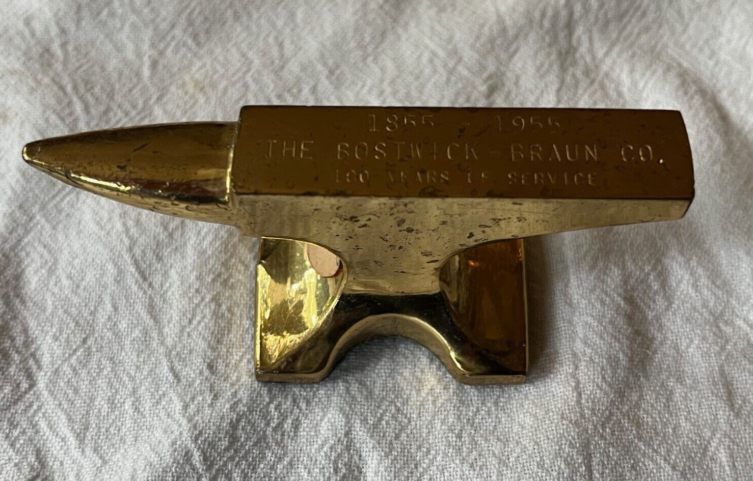 Bostwick Braun Brass Anvil 1955 Commemorative Paperweight Toledo Ohio