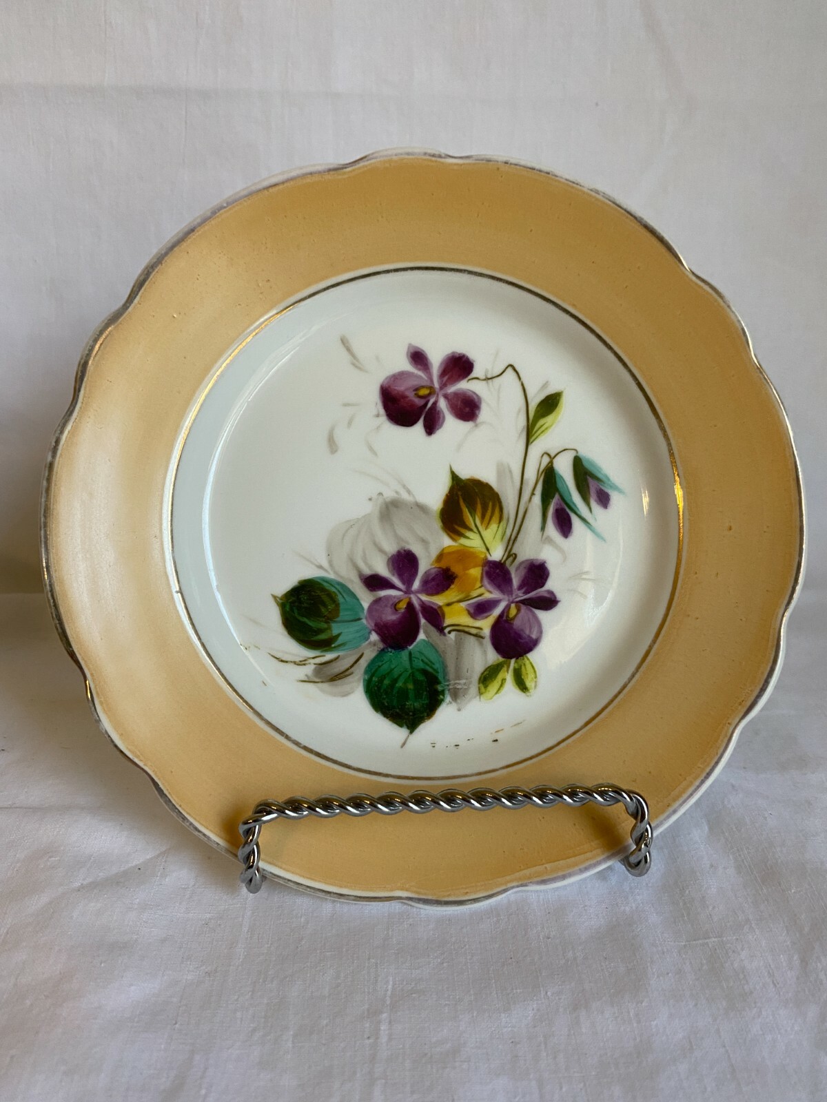 Vintage Plate Golden Peach Band Violet Floral Scalloped Edge 7 1/4\