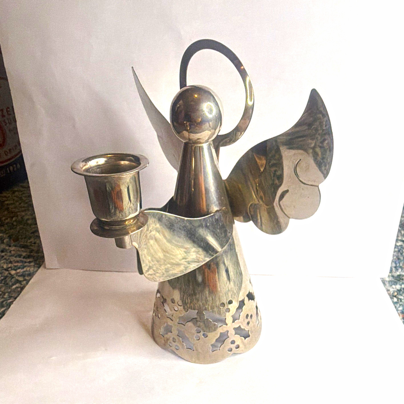 Albert Price Silver Metal Angel Taper Candle Holder Holly Pattern 1992 Small
