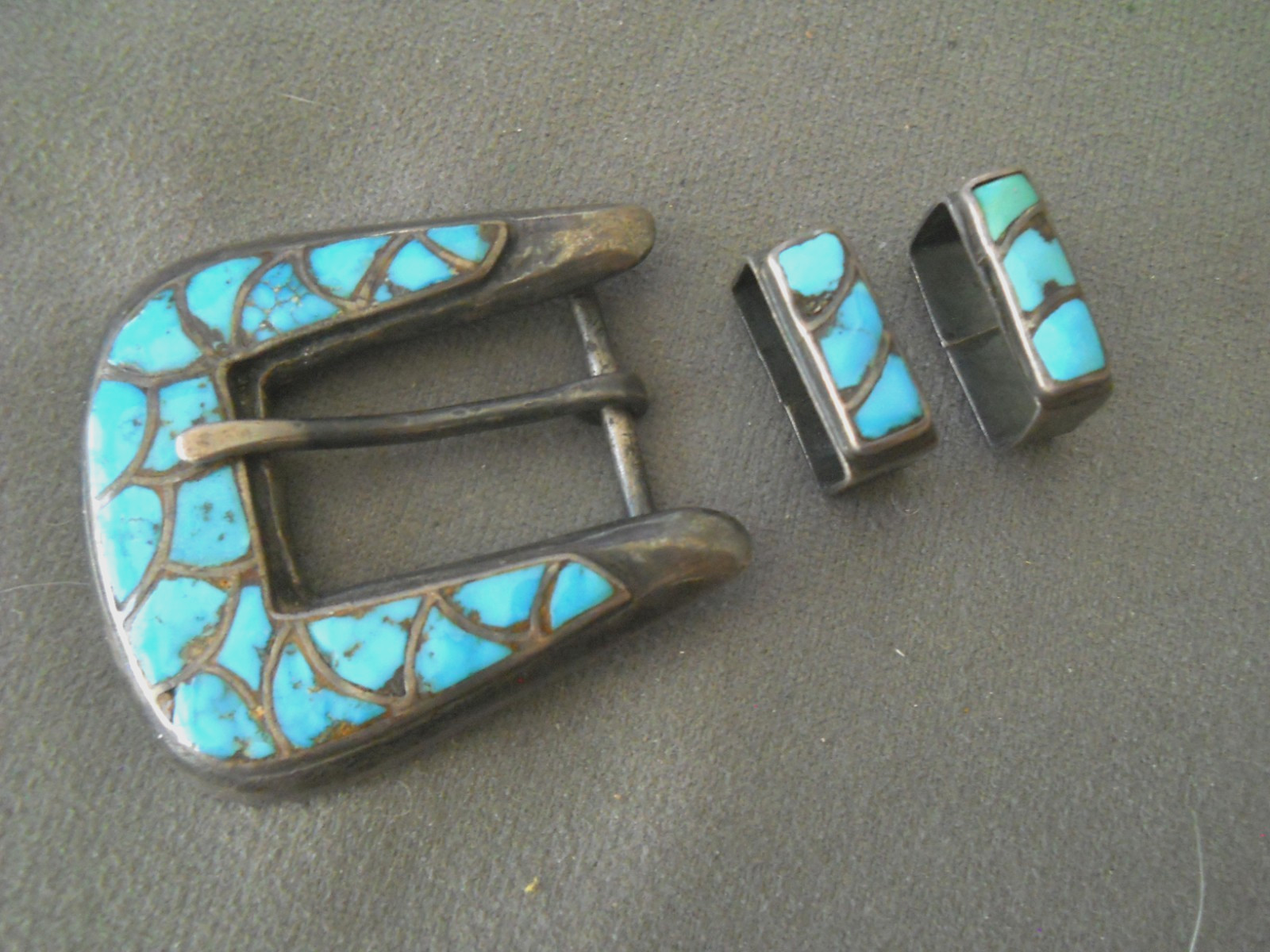 Old Pawn Native American Blue Fish Scale Turquoise Inlay Sterl Silver Ranger Set