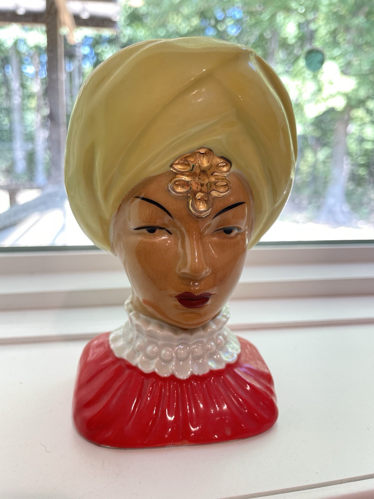 Vtg Ceramic Lady Head Vase “Fortune Teller” Glamour Girl Bust Yellow Turban