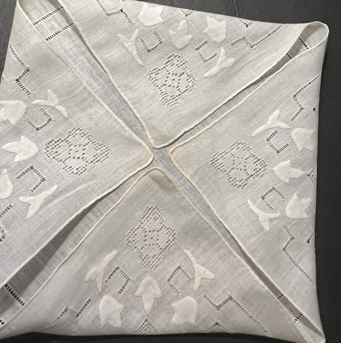antique Bridal Fine Linen Gorgeous  Cute Handkerchief Drown Applique Work 11\