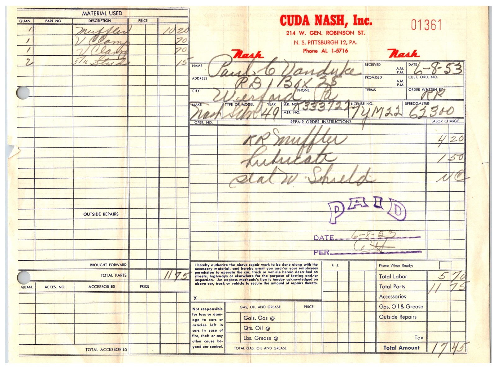 Original 1953 Nash Dealership Work Receipt (8.5 x 11in)  Cuda Nash Pittsburgh