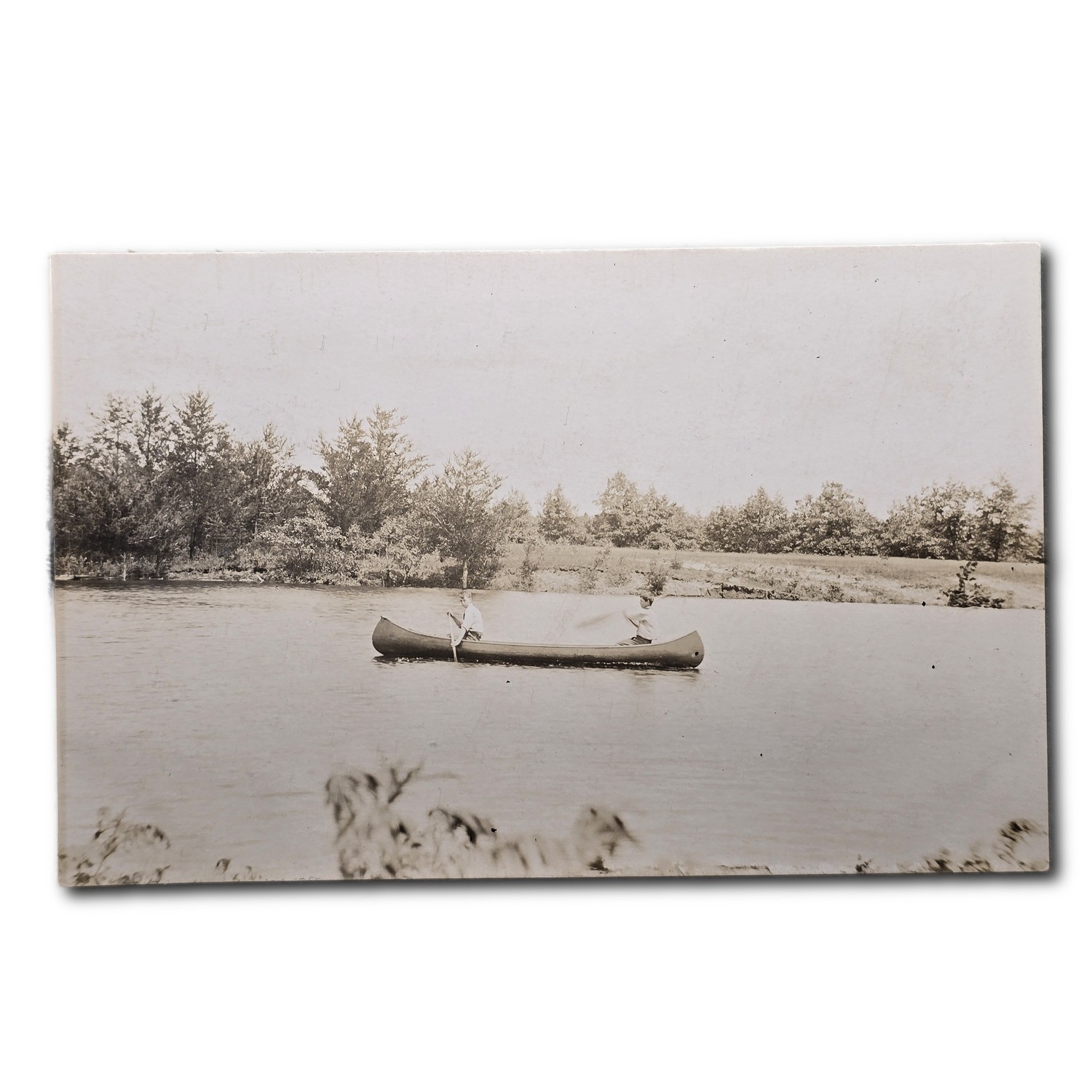 Postcard RPPC Two Men Paddling Canoe on Calm Lake Cyko Stamp Box G30 Postcard RPPC Two Men Paddling Canoe on Calm Lake Cyko Stamp Box G30