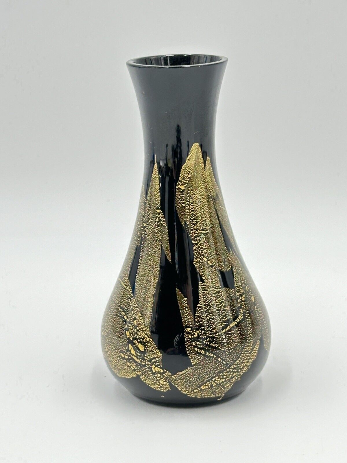 Stuart Strathearn Art Glass Vase Ebony Black & Gold Leaf, 4\