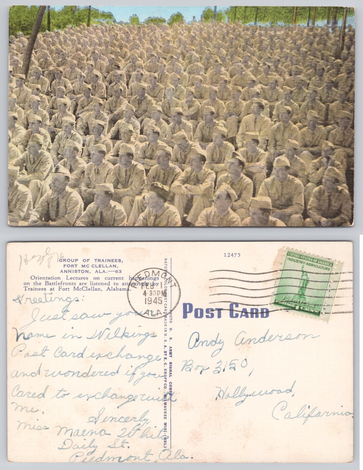 1945 WWII Fort McClellan Alabama Trainees Orientation Lecture Postcard E.C