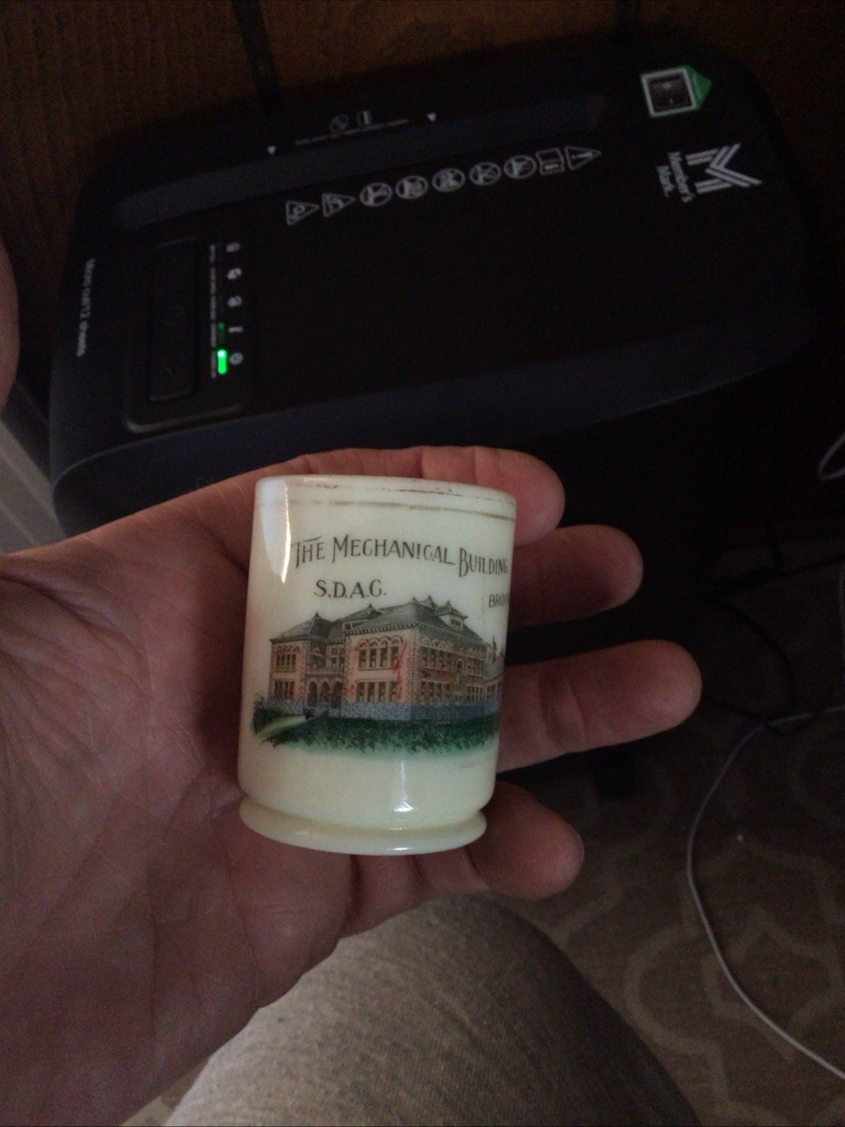Brookings 2.25 “ mini mug real photo custard glass . Mechanical building sd 