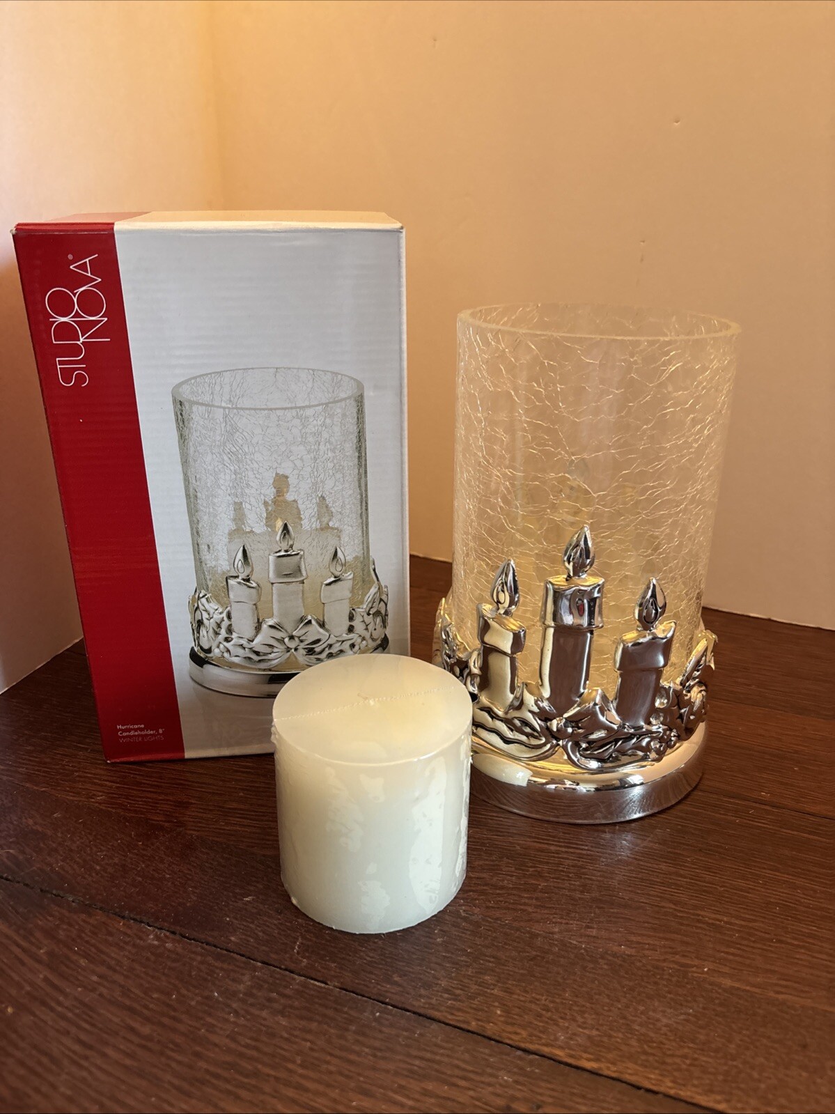 Studio Nova Hurricane Candleholder 8” Winter Lights Holds Pillar Or Tapered