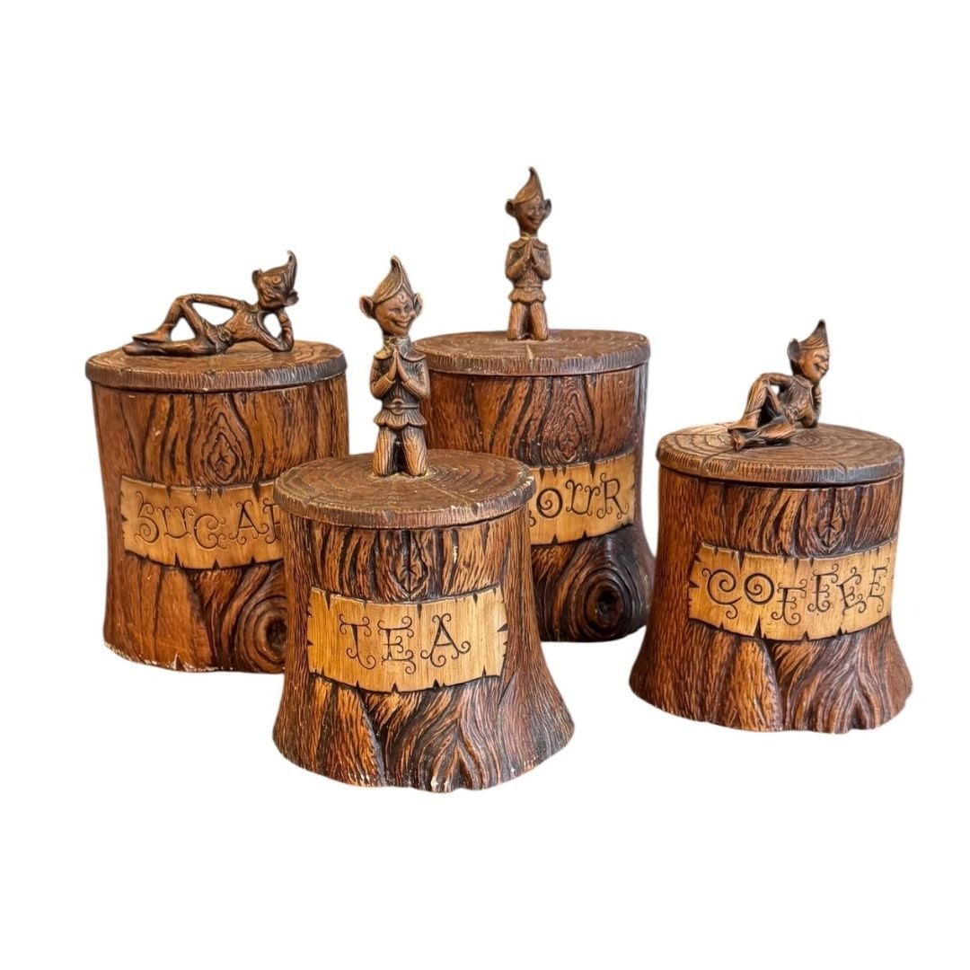 Vintage Treasure Craft Pixie Elf Tree Trunk Canister Set Flour Sugar Coffee Tea