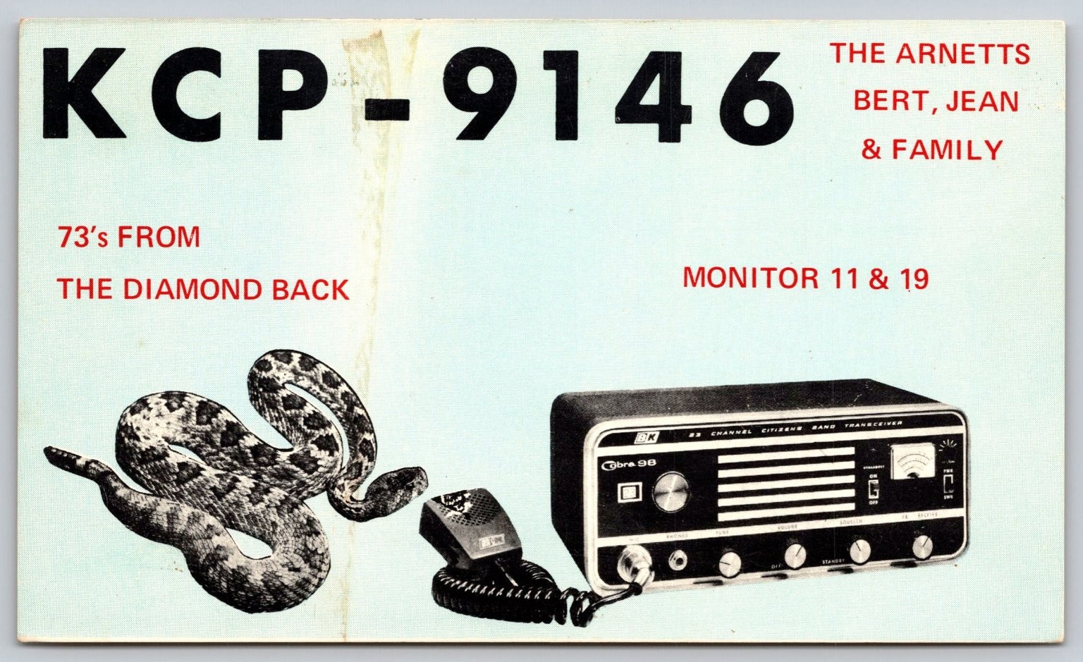 Vintage KCP-9146 CB Radio QSL Postcard Cobra 98 Rattlesnake Arnetts 73\'s B52