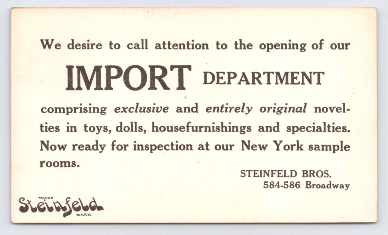 1913 Steinfeld Bros Import Dept Postal Card New York NY Toys Dolls Furnishing 1913 Steinfeld Bros Import Dept Postal Card New York NY Toys Dolls Furnishing