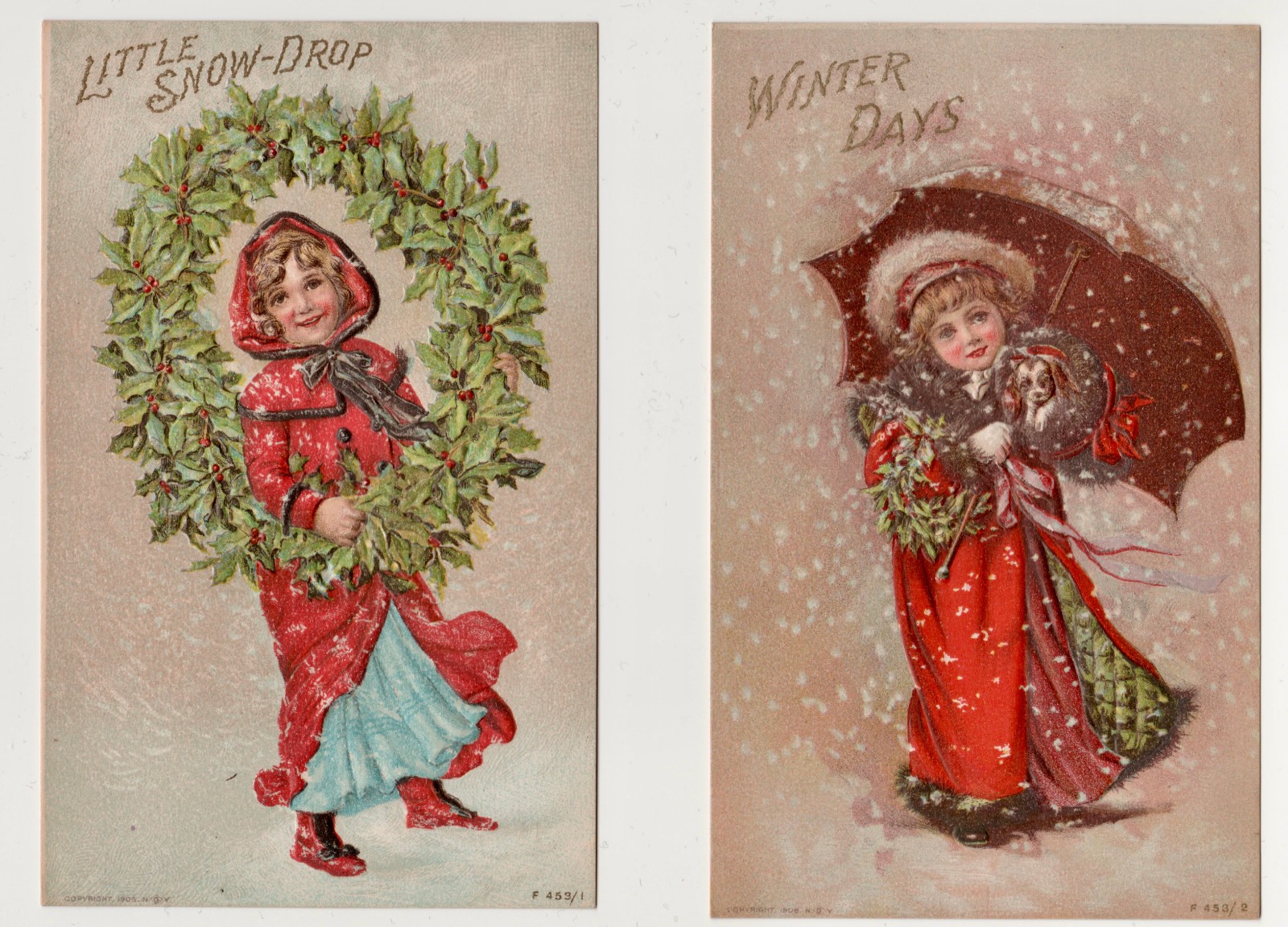 2 Antique Vintage Winter CHRISTMAS POSTCARDS Embossed 1906 Rotograph Co Holiday