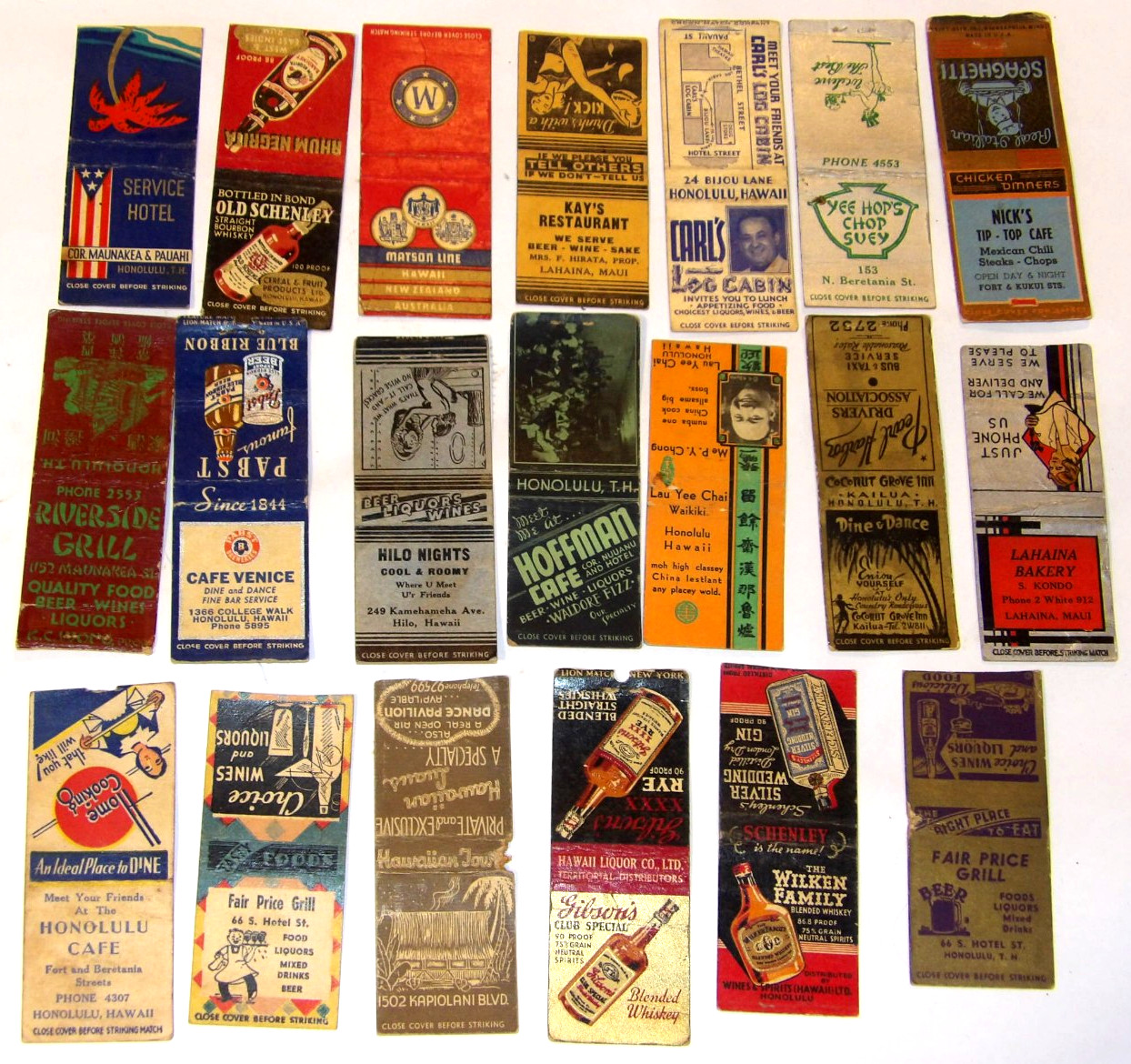 20 USED 1940s HAWAII MATCHBOOK COVERS HONOLULU/RESTAURANTS/BAKERY/CAFE/HOTEL+++