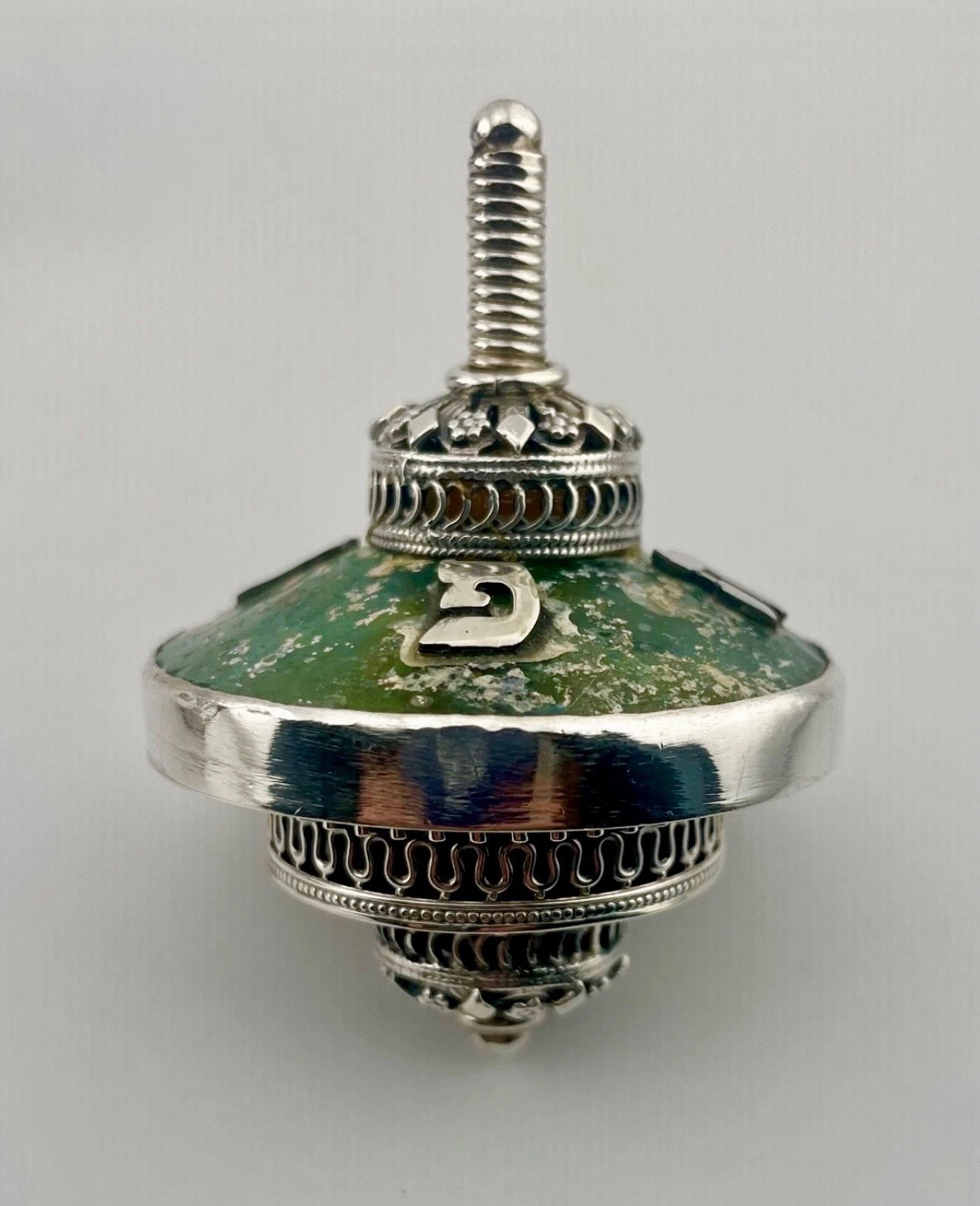 Rare Artisan Yemenite Sterling Silver & Roman Glass Dreidel Jewish Judaica