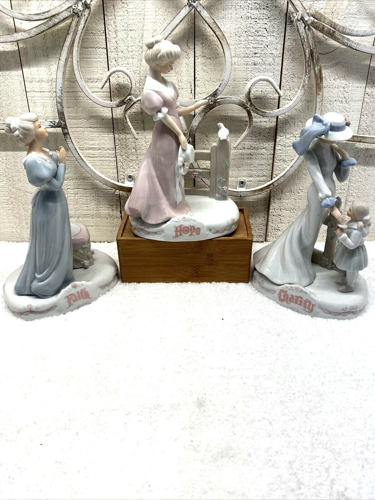 Vintage Fabrizio Victorian Figurines Korea 1989 Faith Hope Charity Set Porcelain