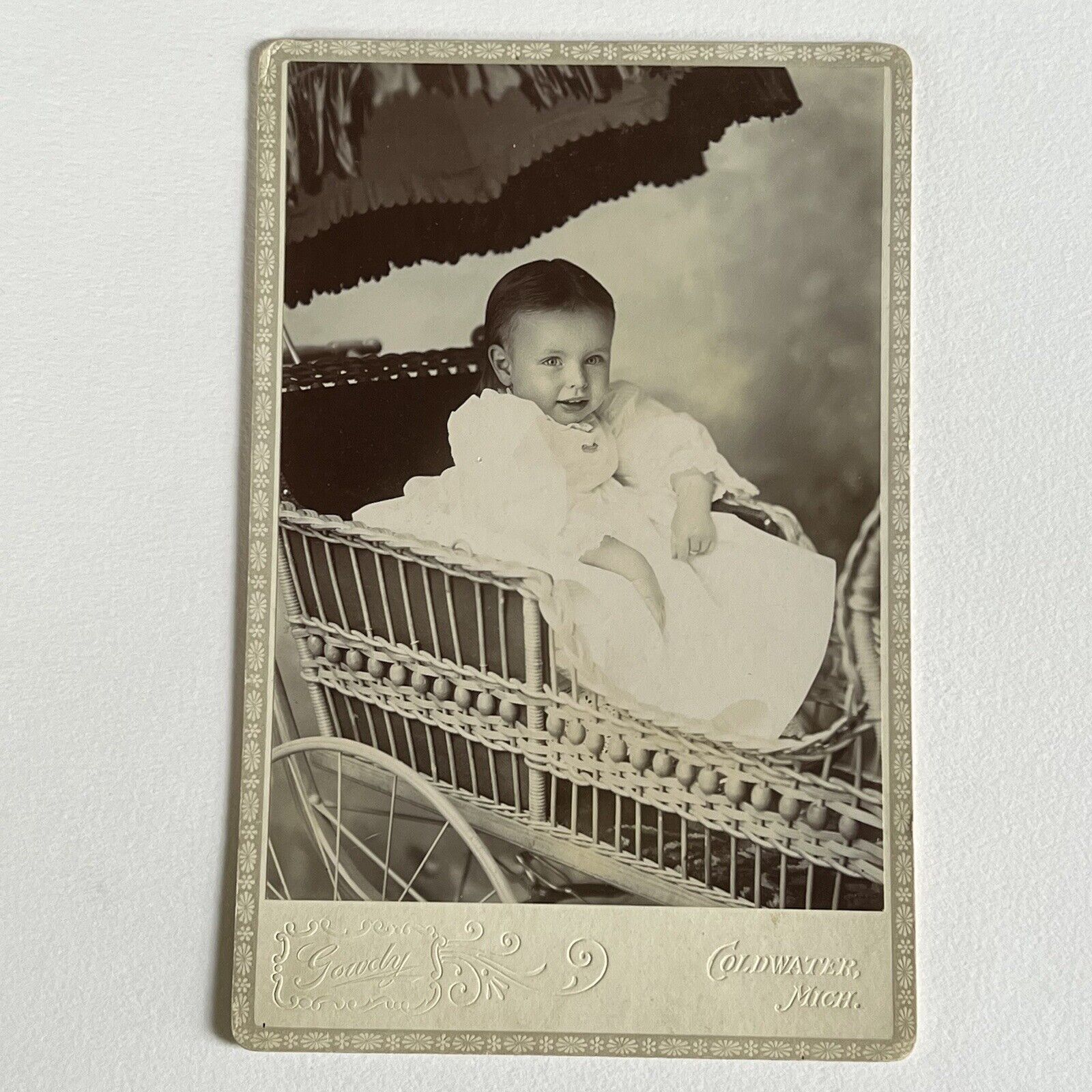 Antique Cabinet Card Photograph Adorable Little Girl In Stroller Coldwater MI