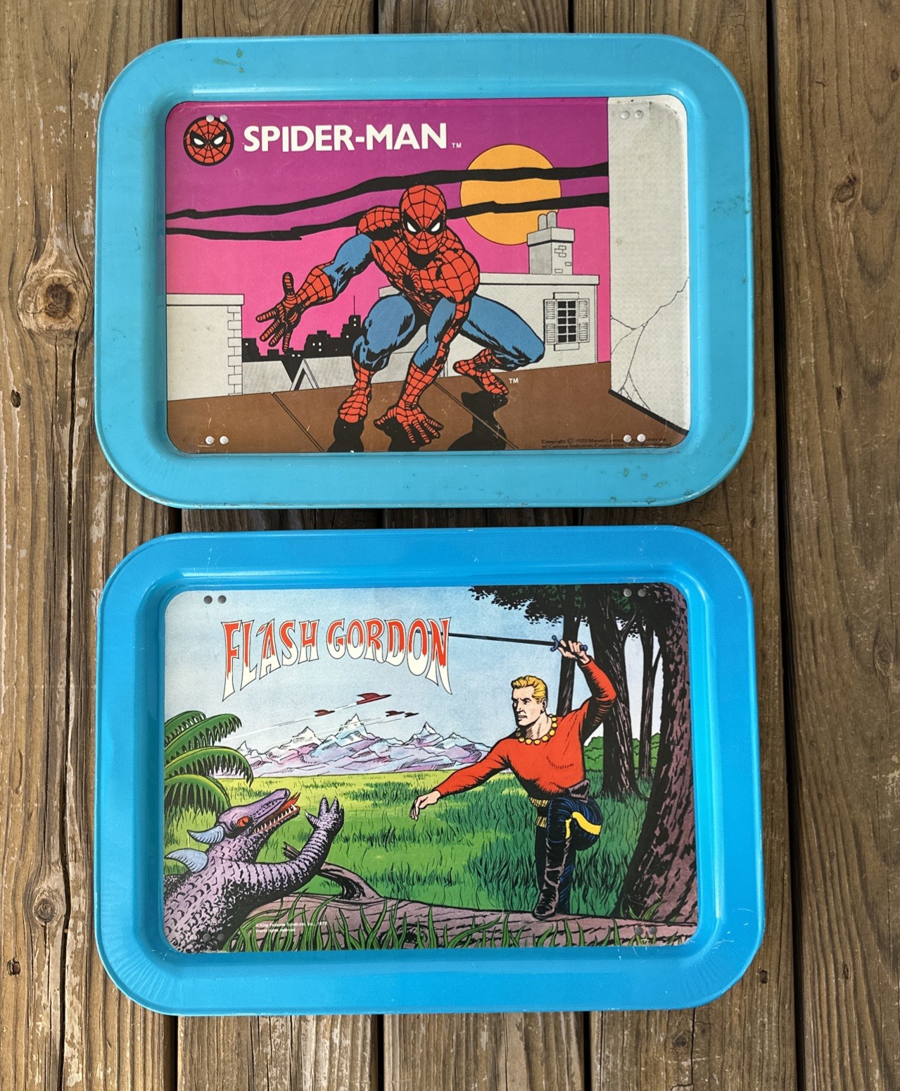 VTG 1970s Marvel Spider-Man & Flash Gordon Metal TV Tray Lot King Industries