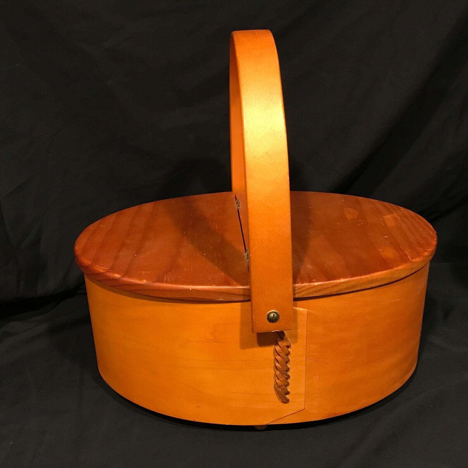 Vintage 1998 wooden sewing basket with swinging handle cherry oak finish (#SB2)