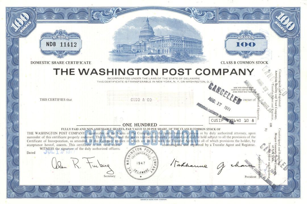 Washington Post Co. - 1971 dated Issued Stock Certificate - Very Historic Co. - 