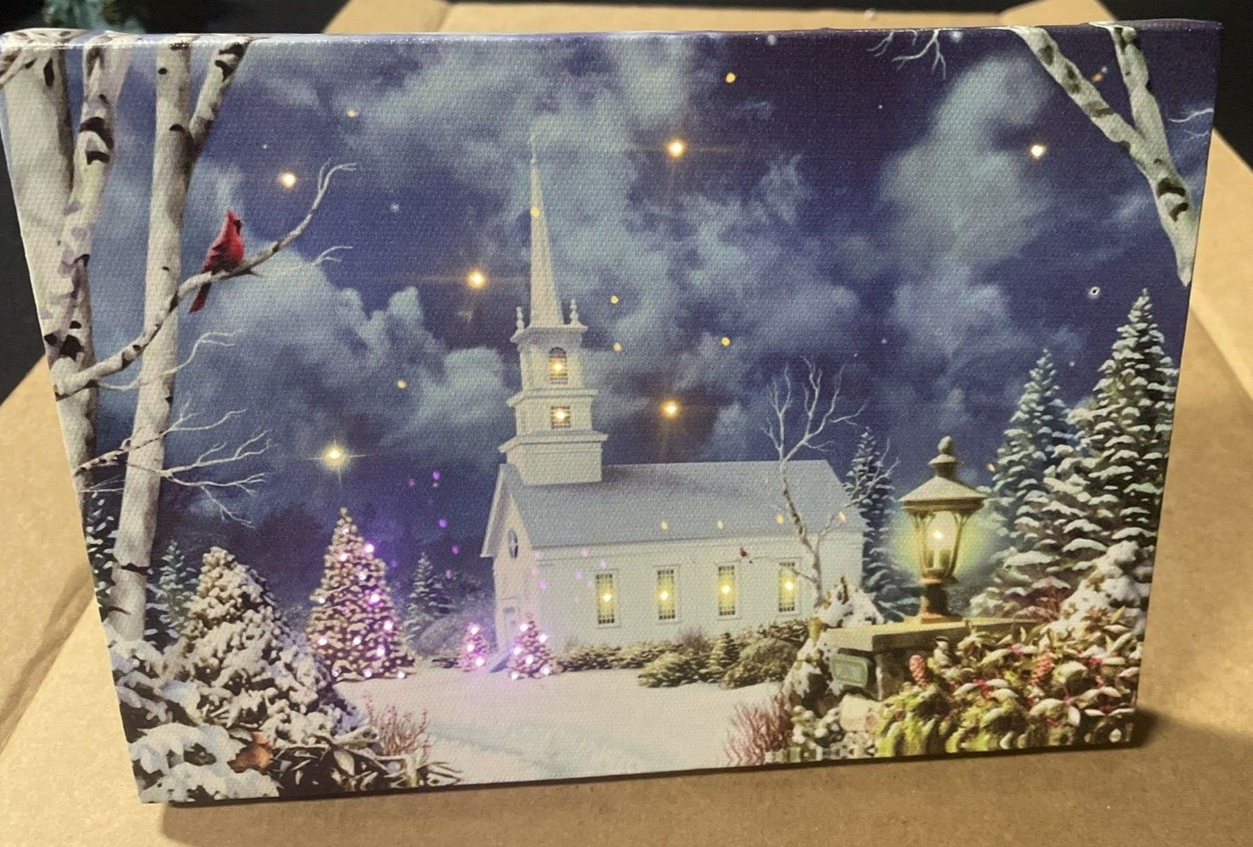 Beautiful Snow Scene With A Church. Church, Trees Sky Light Up & Change Colors