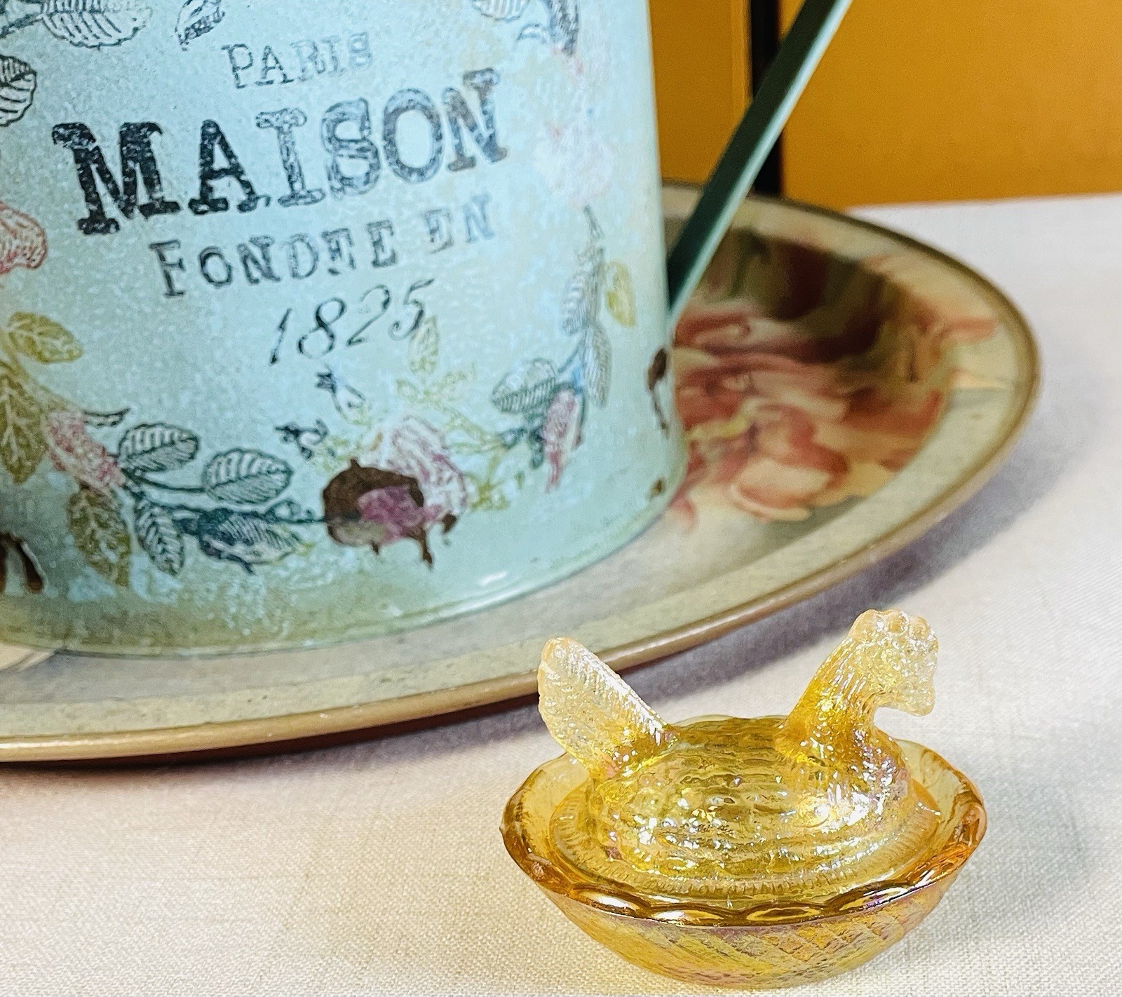 Vintage Mini Amber Hen on Nest Salt Cellar Chicken Dish Farmhouse Trinket 2.5
