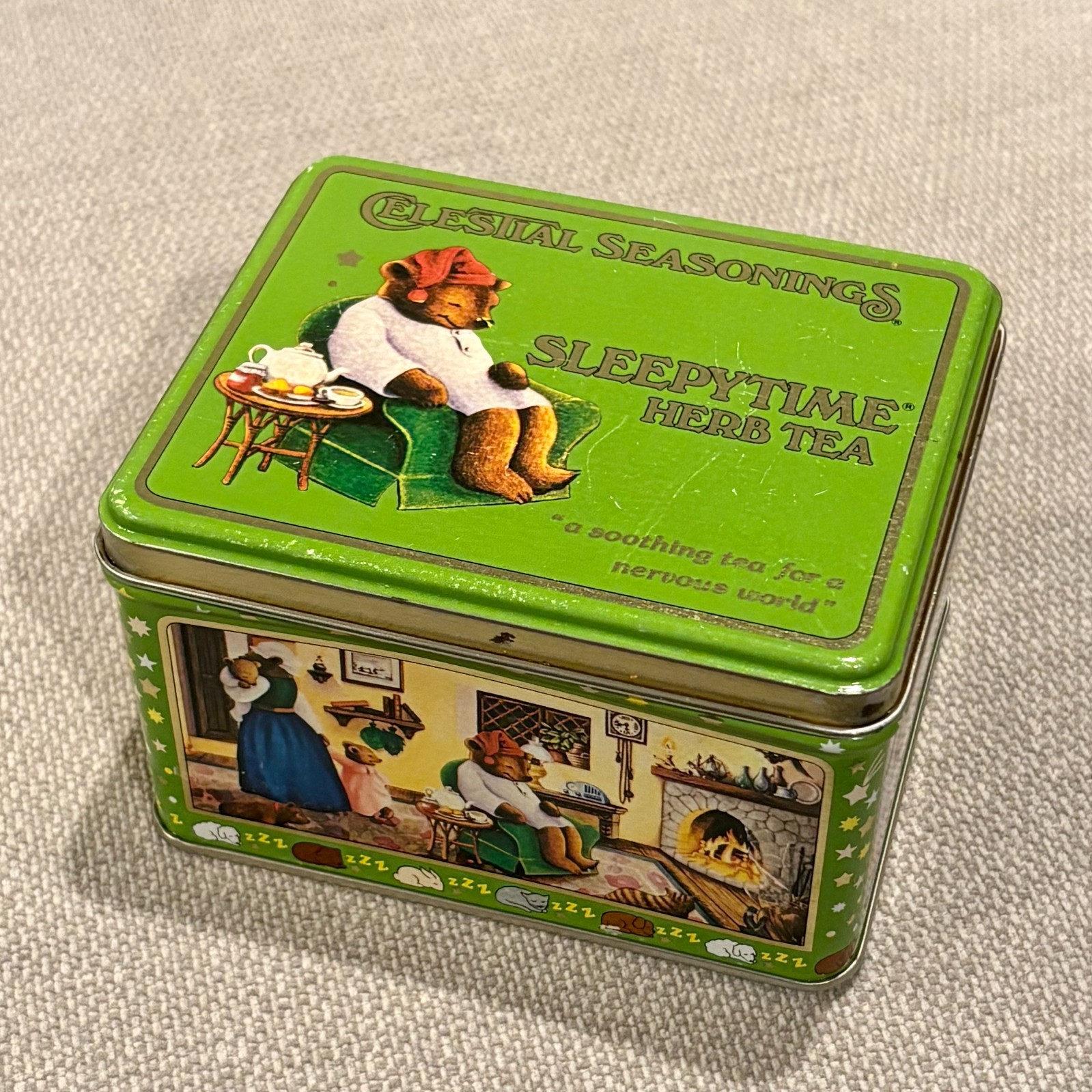 Vintage Celestial Seasonings SLEEPYTIME Bear Tea Large Metal Collectible Tin