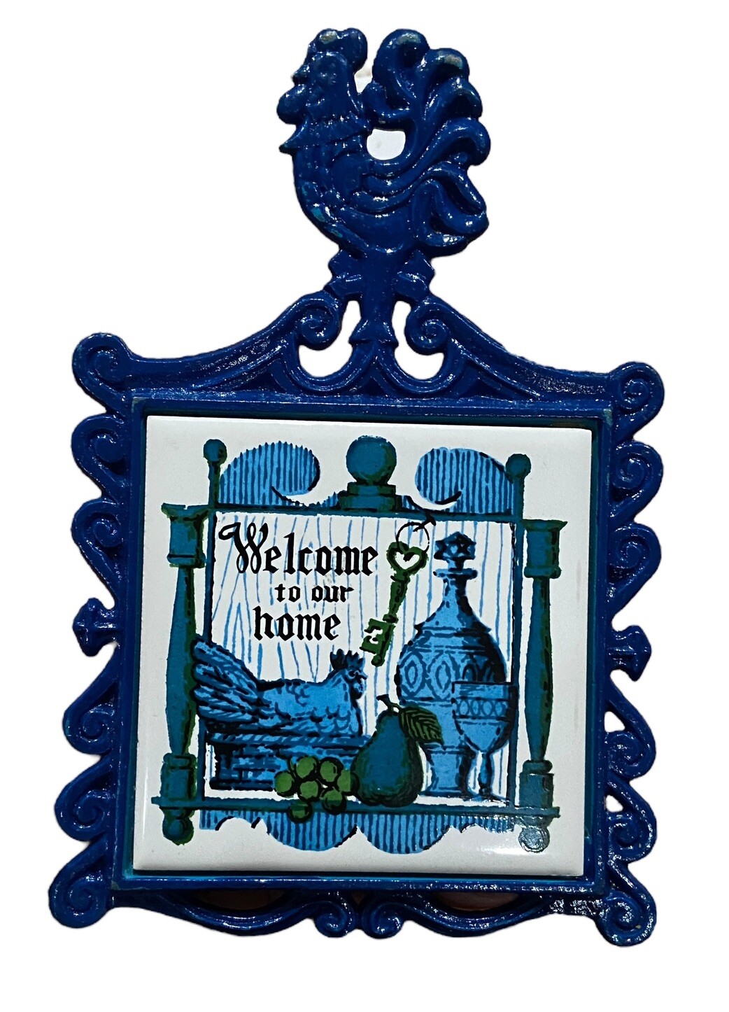 Vtg Japanese Cast Iron Rooster Trivet Blue Ceramic Tile Welcome Farmhouse Decor