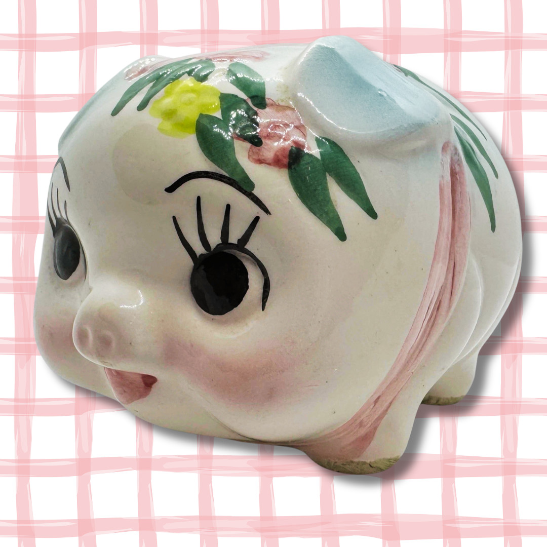 Vintage Pink Blue Piggy Bank Ceramic Japan Floral Mini 4in Cottage Decor EUC