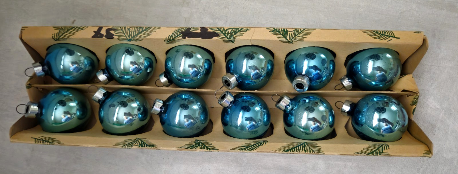 Vintage Peacock Blue/Teal American Made Coby Glass 1-3/4” Ornaments Original Box