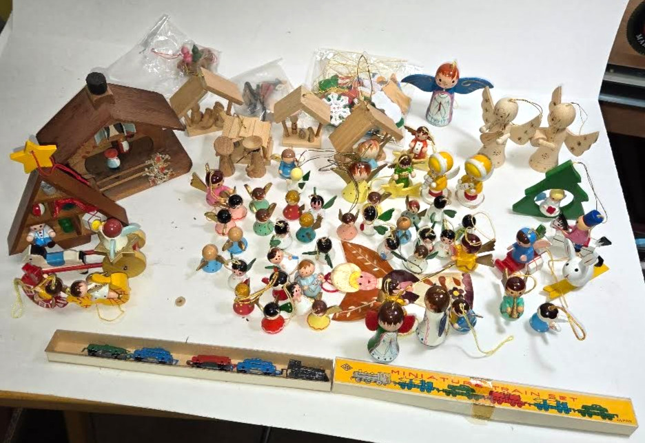 Vtg Wood Christmas Ornament Lot Box Japan Train Germany Erzgebirge India Taiwan