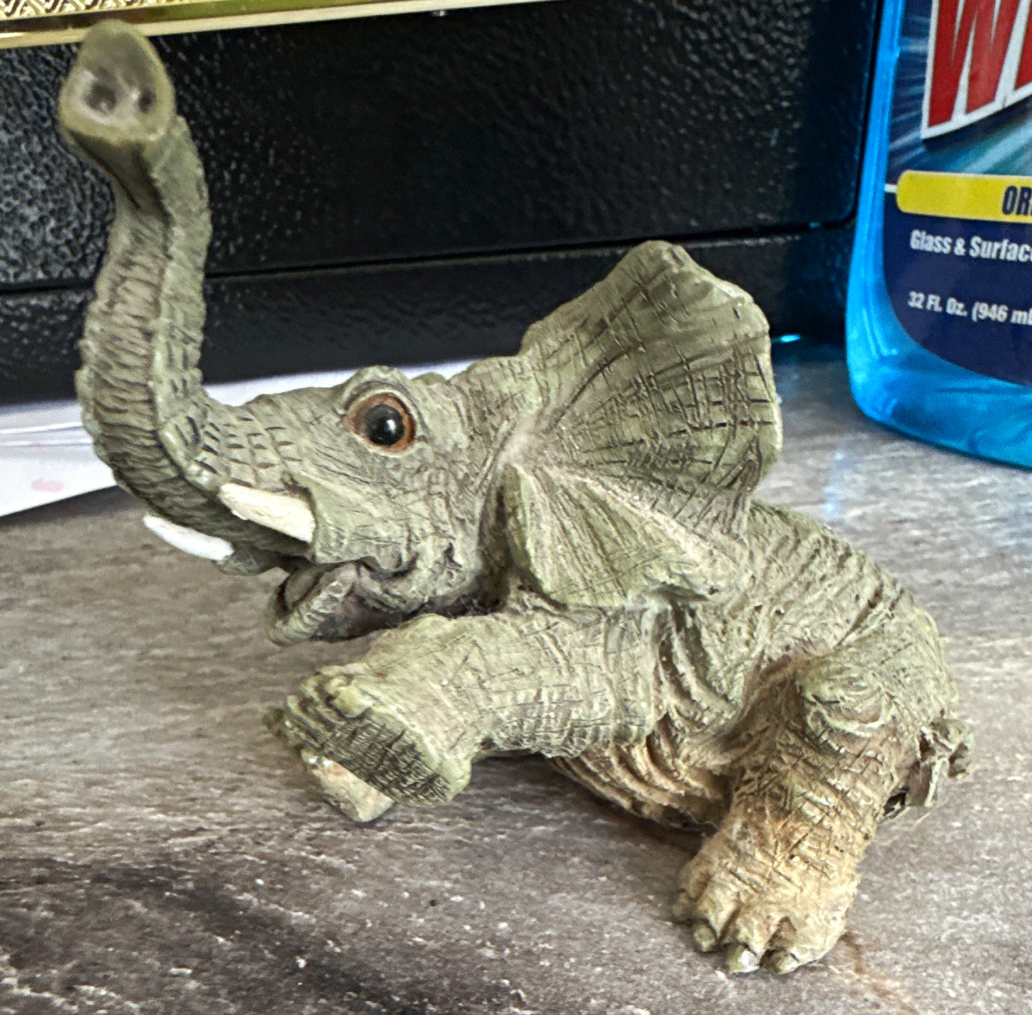 Gray Elephant Figurine, Small Sitting Elephant w/ Raised Trunk
