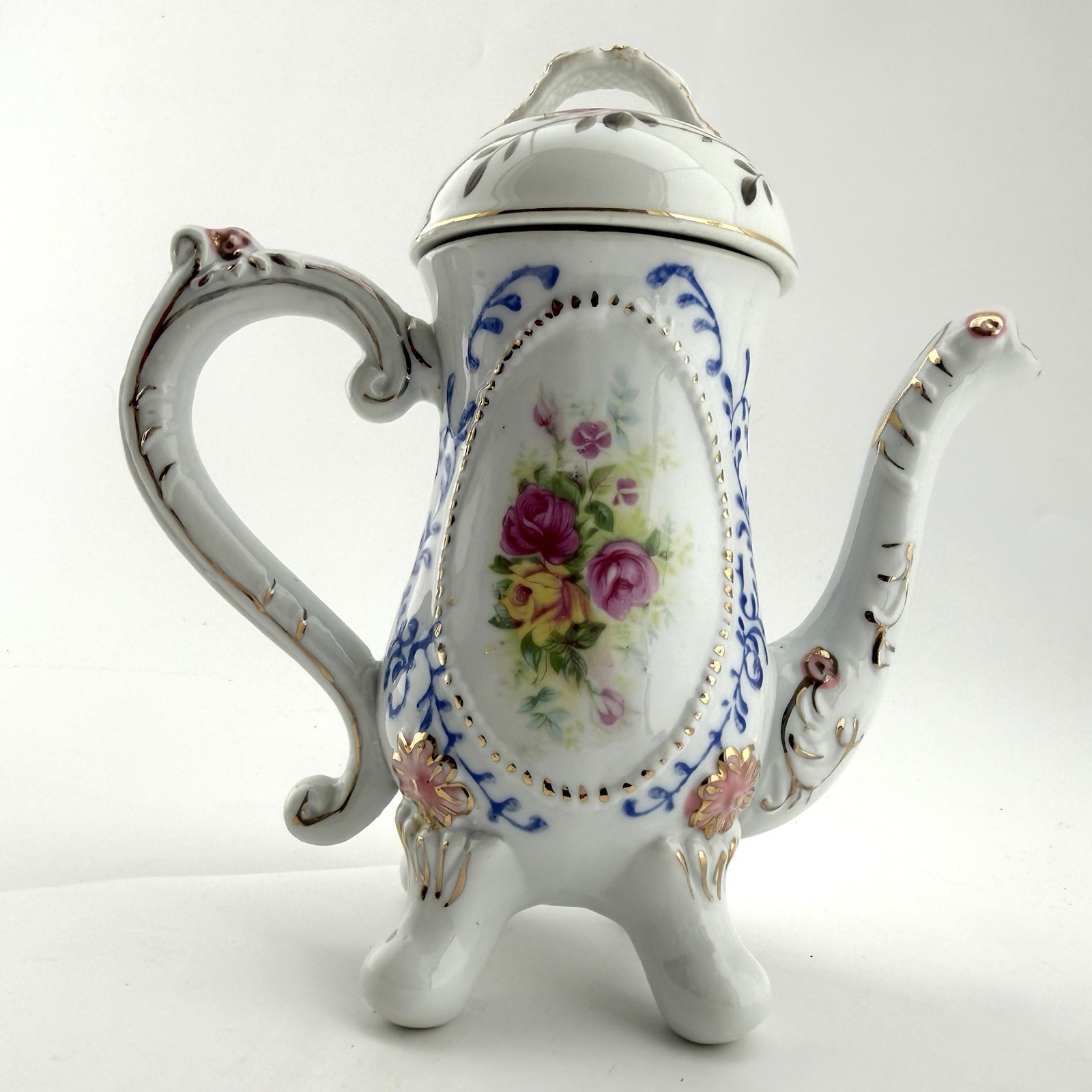 Vintage Chinese Porcelain Floral Teapot Gold Trim 7.5 in Decorative