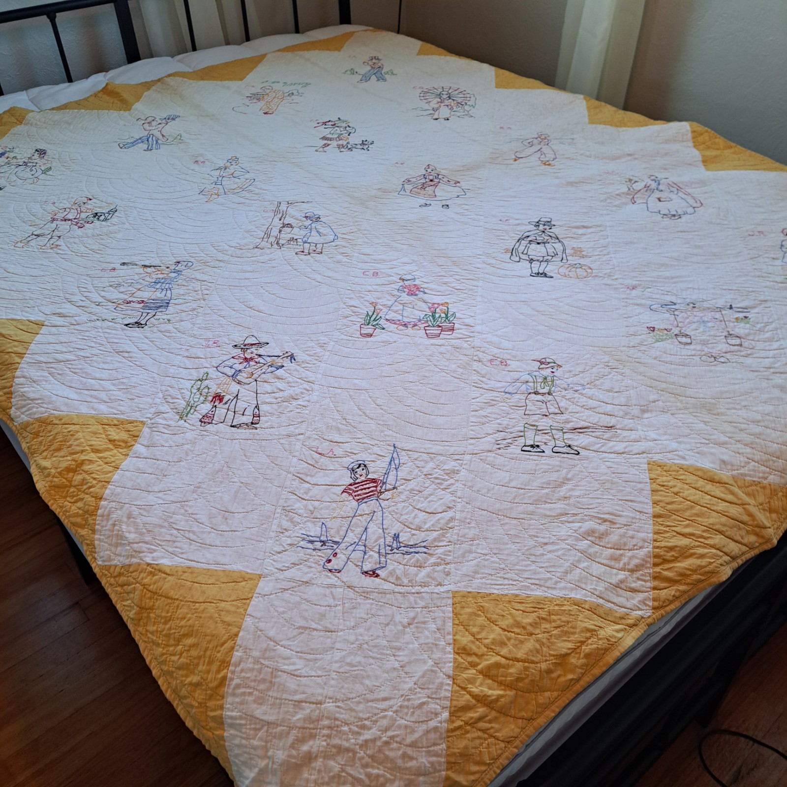 Vintage Handmade Quilt Hand Sewn & Embroidered White  77