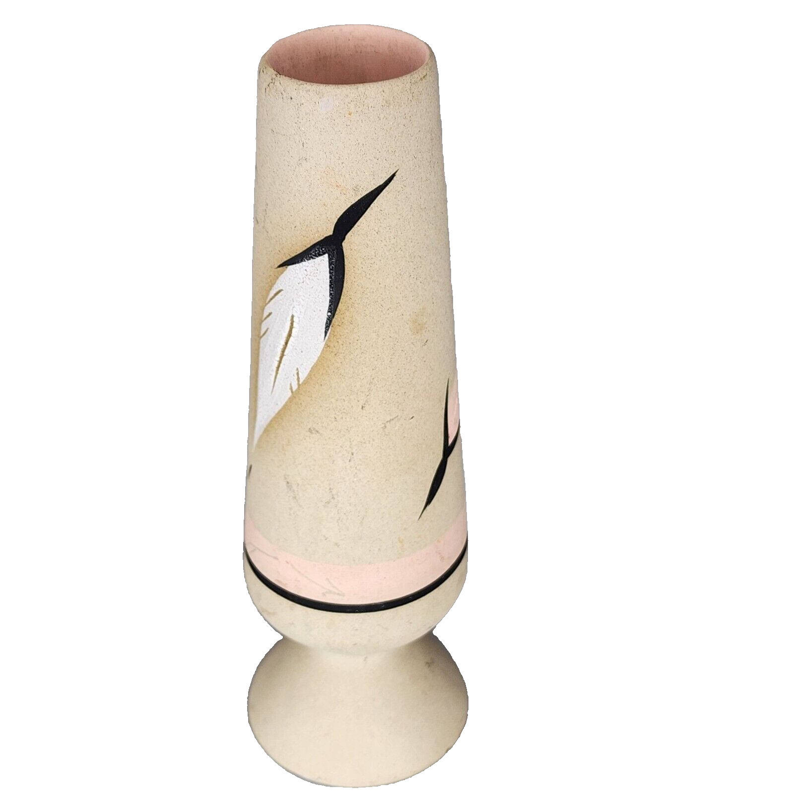 Southwest Native Pottery Signed Broken Arrow Bud Vase Pink White Feather 6 in