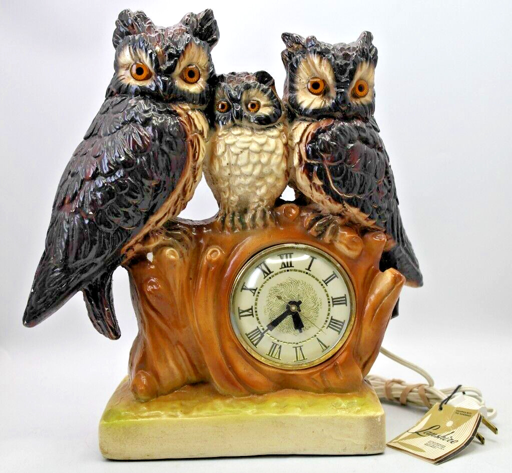 Vtg Lanshire Co. Kitschy Chalkware Plaster 3-Owl Family Clock - Tested & Working