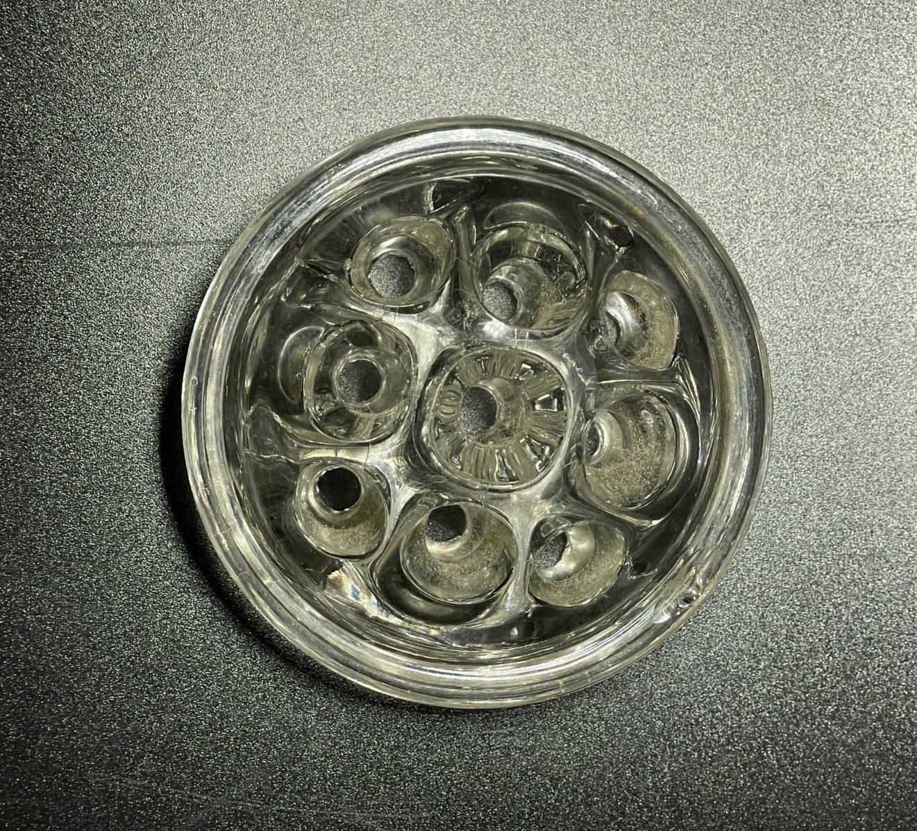 Round Clear Glass Flower Frog 9 Hole Floral Arrange Vintage Heavy Glass UV