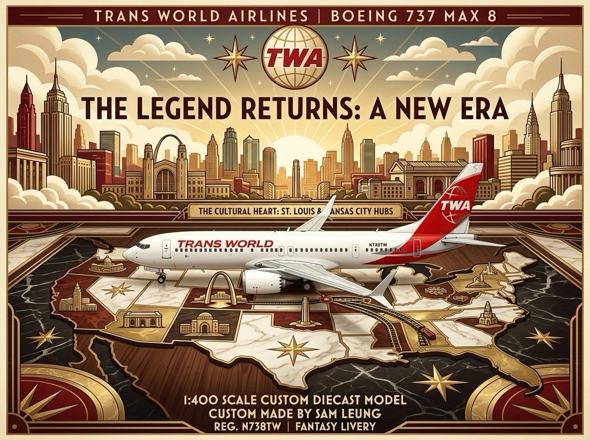 JC Wings 1:400 TWA Trans World Airlines B737-8 Max Fantasy Custom Diecast Model