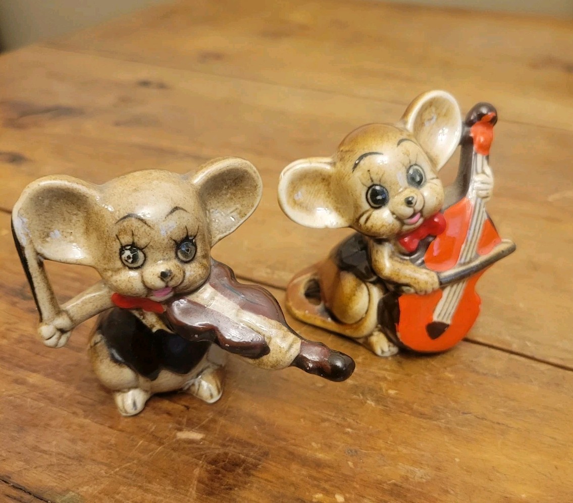 Vtg Anthropomorphic Ceramic Band Mice Playing Music Instruments Set Of 2